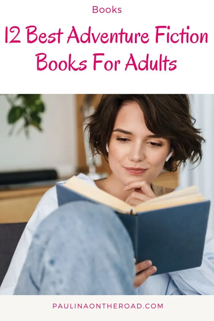 a pin with a girl with short hair reading one of the best Adventure Fiction Books For Adults