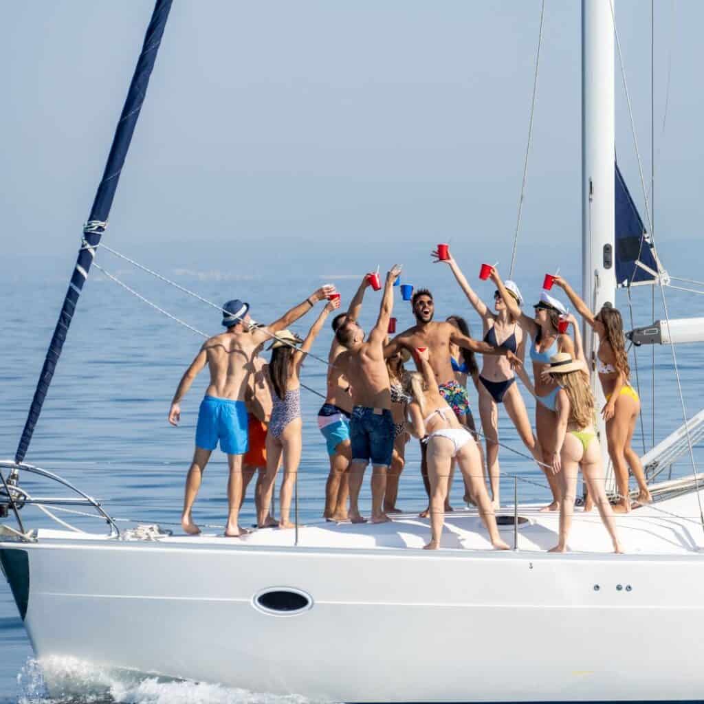 a group of people standing on the bow of a sailboat with red solo cups for drinking