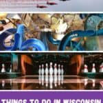 View of red airplanes flying in formation through a clear blue sky whilst spraying out red and white vapor behind them; top view of an indoor water park at Chula Vista Resort, Wisconsin Dells; bowling pins in a bowling alley