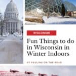 two glass domes on a snowy land, Domes in Milwaukee, Wisconsin, USA; View of Madison Capitol Building as seen at the end of a snow-covered; View of red airplanes flying in formation through a clear blue sky whilst spraying out red and white vapor behind them