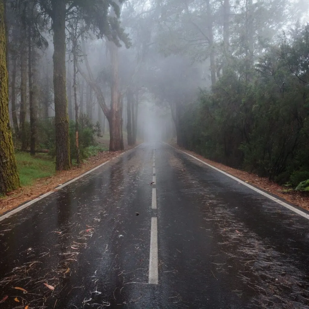 an empty road in the middle of a forest on a rainy day