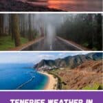 Sunrise in Antequera, Tenerife, beach with rocks with a red sky reflecting on the sea and sky; an empty road in the middle of a forest on a rainy day; an aerial view of a beach with a view of a mountain and a city town