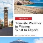 a sandy beach next to the ocean with rocks and palm trees; a large clock tower in the middle of a city; Pico del Teide at dusk - 3718 m high mountain and volcanic landscape of Teide National Park covered with snow