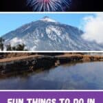 fireworks in the night sky over the ocean; a snow covered mountain; a body of water surrounded by rocks in the middle of the ocean