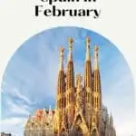 Where to go in Spain in February a facade of the la sagrada familia with wispy clouds on the sky as a background