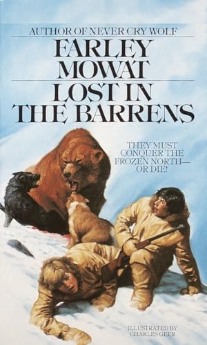 Lost in the Barrens cover a person on a coat protected by dogs against a brown bear