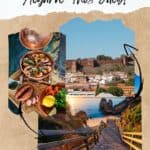 seafood stew in a copper pan on a wooden cutting board; ruins of the castle of silves in distance behind homes and greenery; a stairs toward a golden sand beach on a bright day