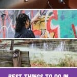 a close up of a harley davidson logo on a motorcycle; a woman with braids spraying paint to a wall; an empty wooden bench sitting next to a pond
