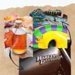 a top view of a waterpark's slide; maple syrup in a glass bottle on a wooden table; a close up of a harley davidson logo on a motorcycle