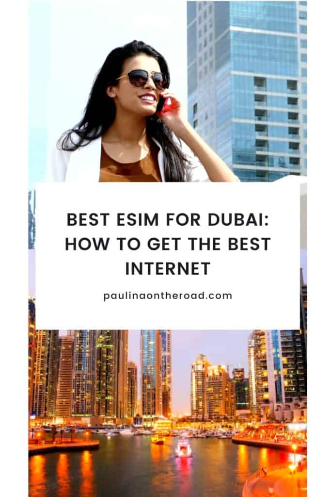 a woman talking to a phone with a building at the back; dubai skyline with lights and a boat in the river; best esim for Dubai