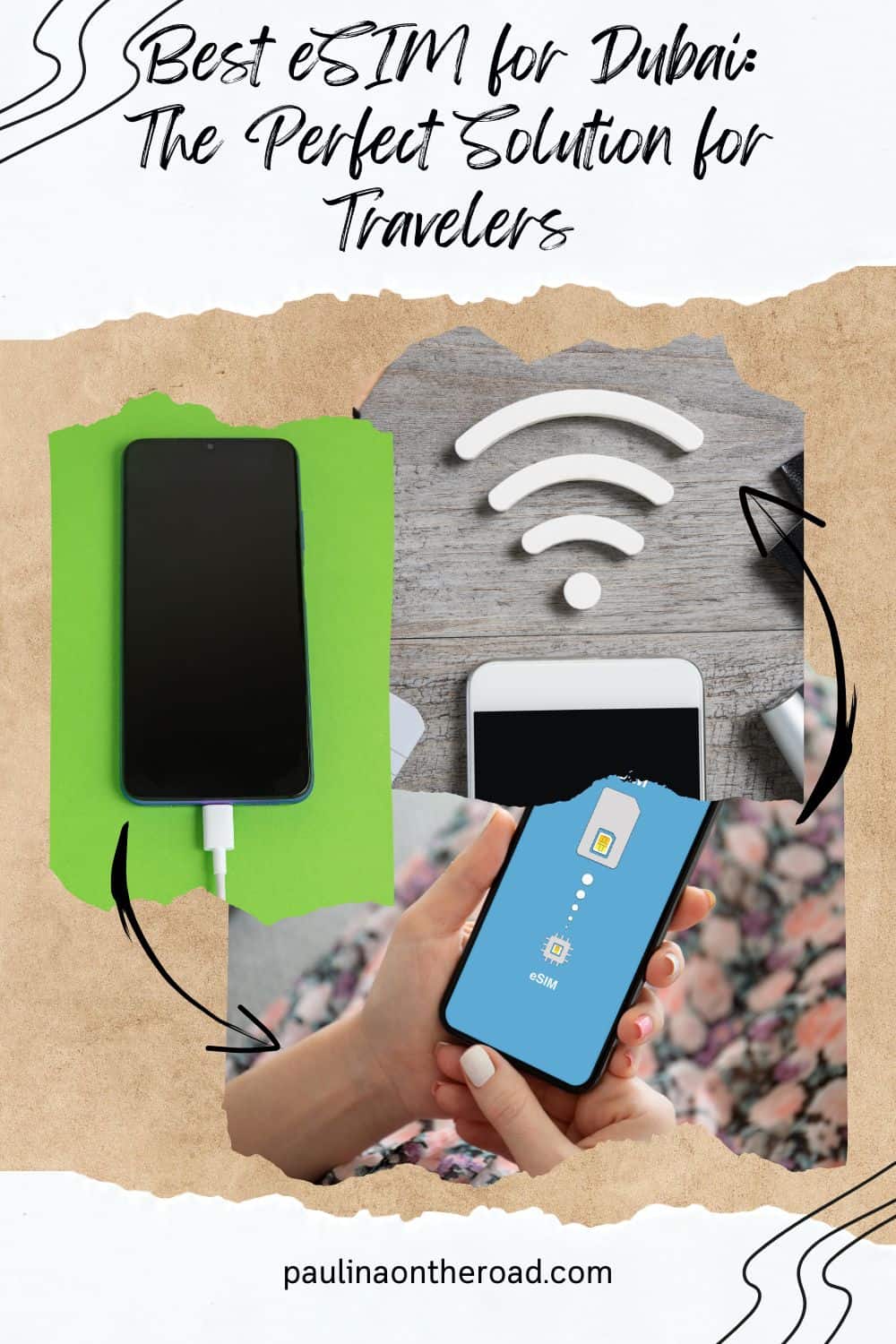 a cell phone with a charging cable attached to it; how to set up a wifi hotspot on your phone; a hand holding a phone with a screen saying sim and esim