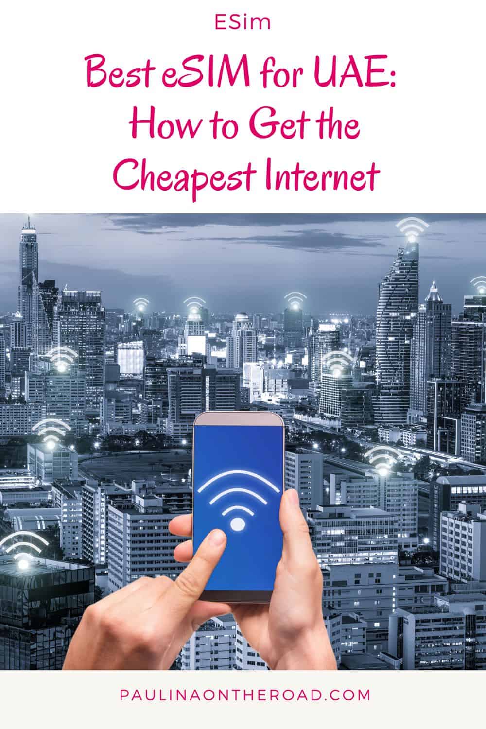a persons hand on the phone with wifi signal and gray background of buildings with signal