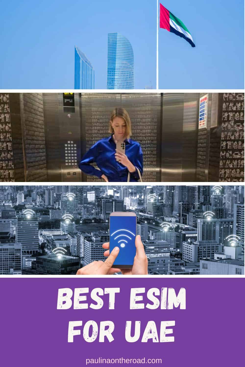 a uae flag at op a building waving with buildings at the back; a woman in blue blouse, black pants, and a bag in an elevator taking a picture with a phone; a persons hand on the phone with wifi signal and gray background of buildings with signal