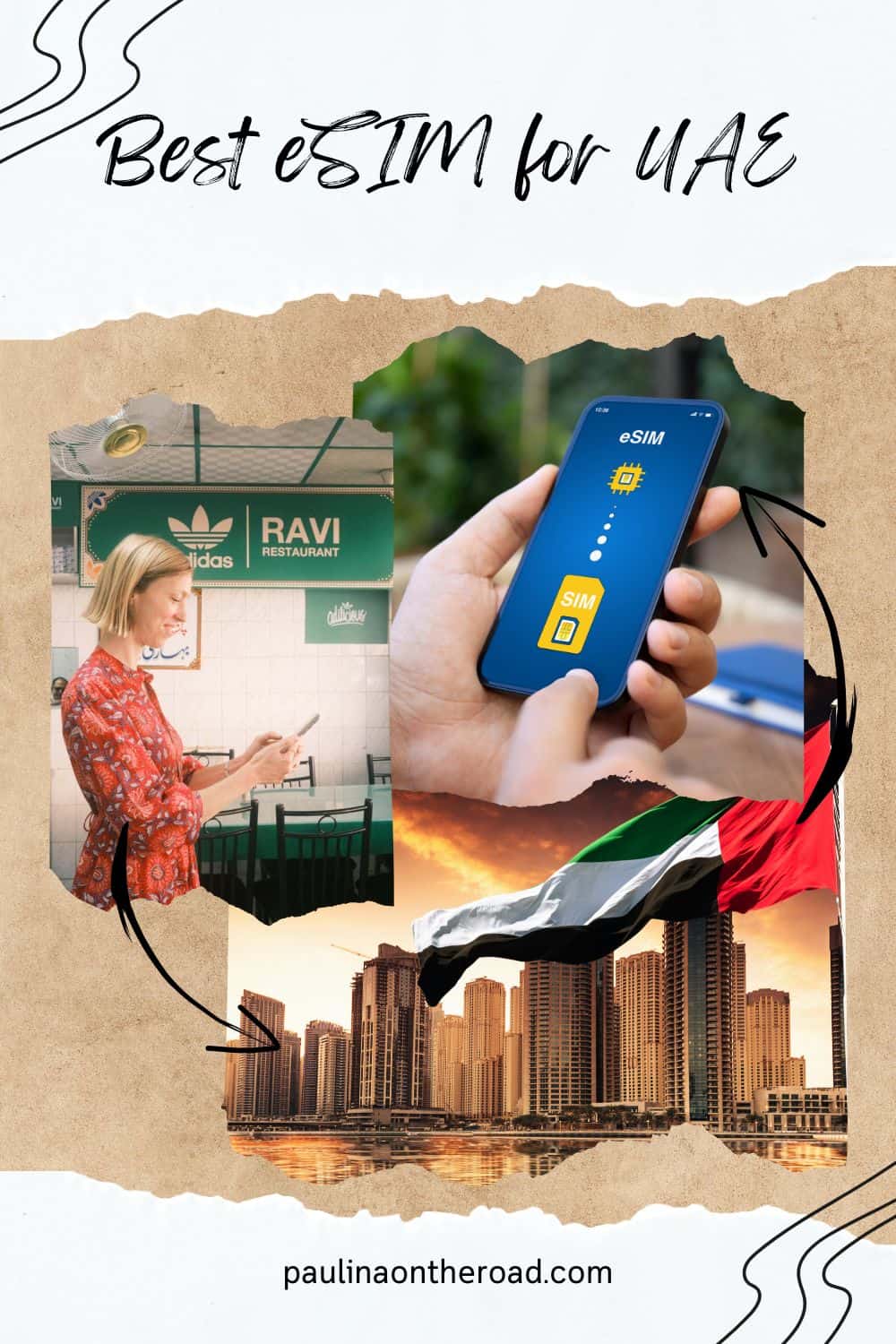 a woman in a red dress in a restaurant looking at her phone; a cellphone screen with esim and sim on a person's hand; flag of united arab emirates with buildings at the back