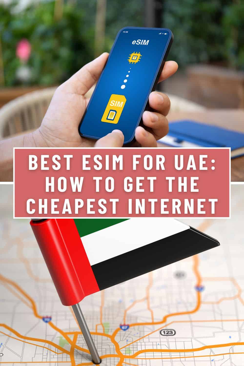 a cellphone screen with esim and sim on a person's hand; united arab emirates map with uae flag