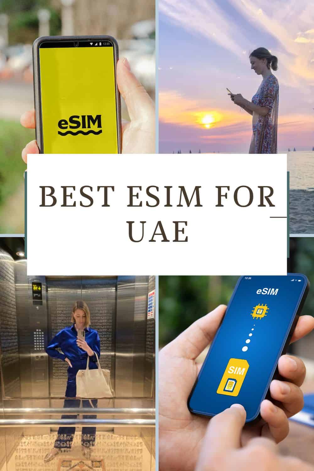 a phone with a yellow screen and eSIM text held by a person's hand; travel blogger at beach during sunset with phone; a woman in blue blouse, black pants, and a bag in an elevator taking a picture with a phone; a cellphone screen with esim and sim on a person's hand