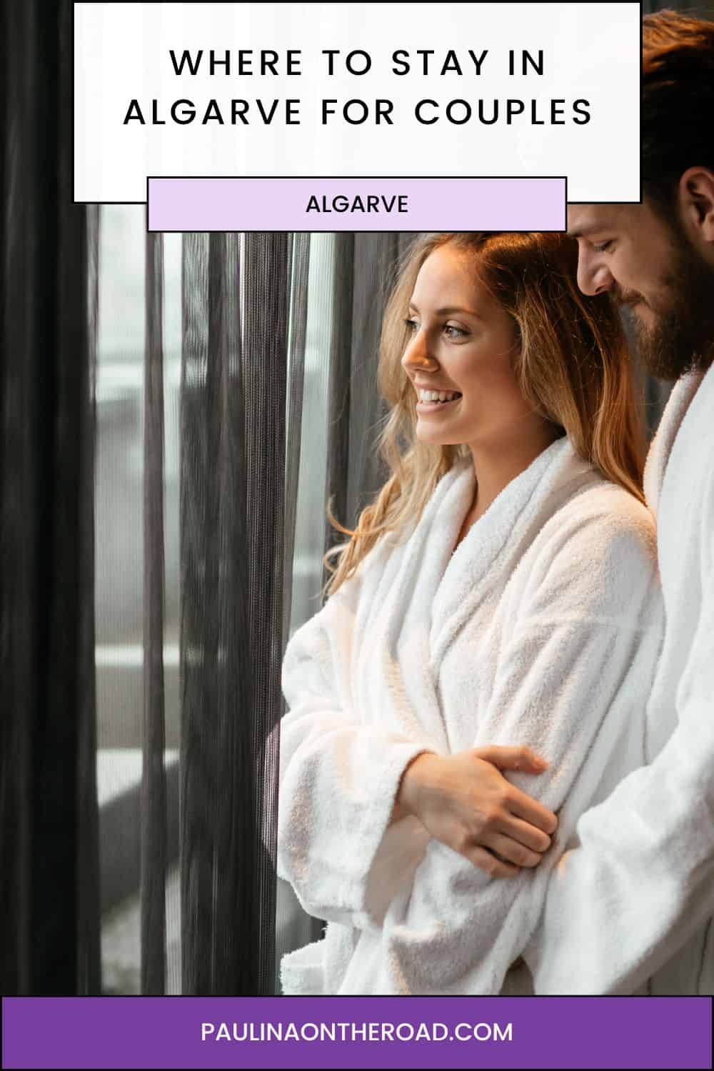 a pin with a couple in bath robes at a hotel. where to stay in algarve for couples