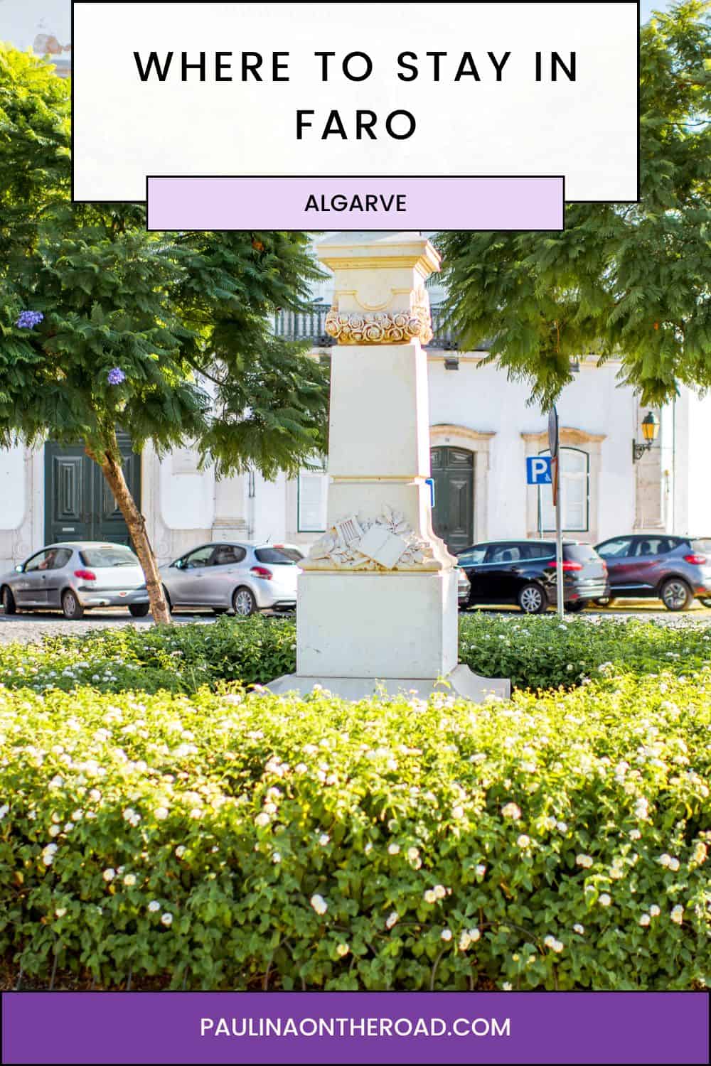 a pin with a garden and a typical street in Faro. Where to stay in Faro