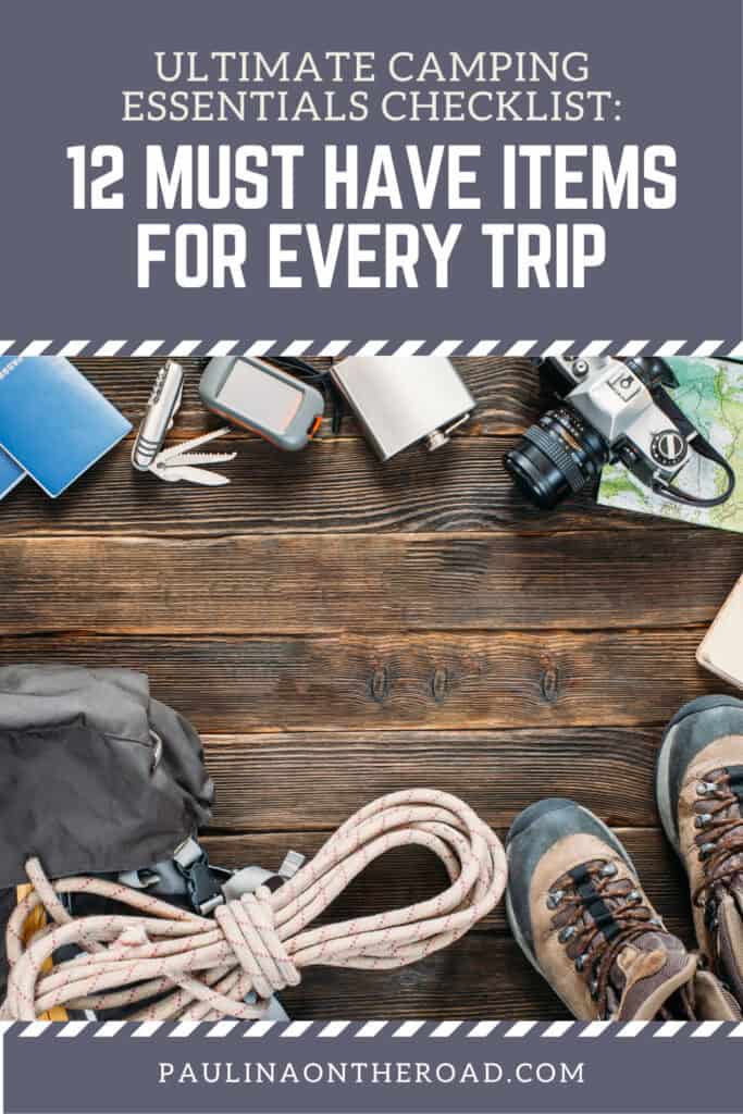 Wooden surface with hiking boots, rope, camera, flask, compass, knife, and other camping essentials beside a printed checklist poster.

