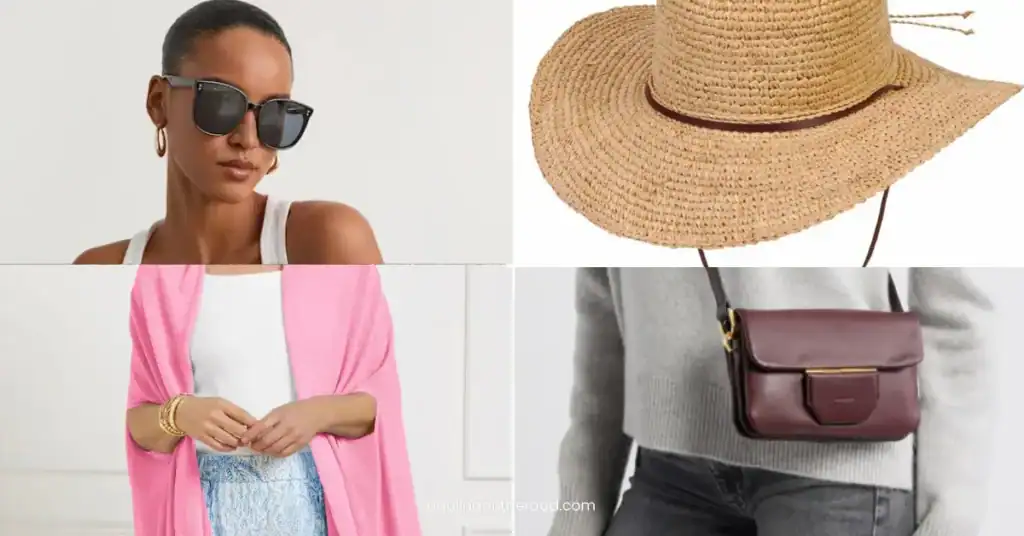 Stylish Greece accessories including sunglasses, straw hat, crossbody bag, and scarf