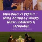 a woman talking to a muslim man in middle east; people on the grass easting with a view of dubai; duolingo vs preply