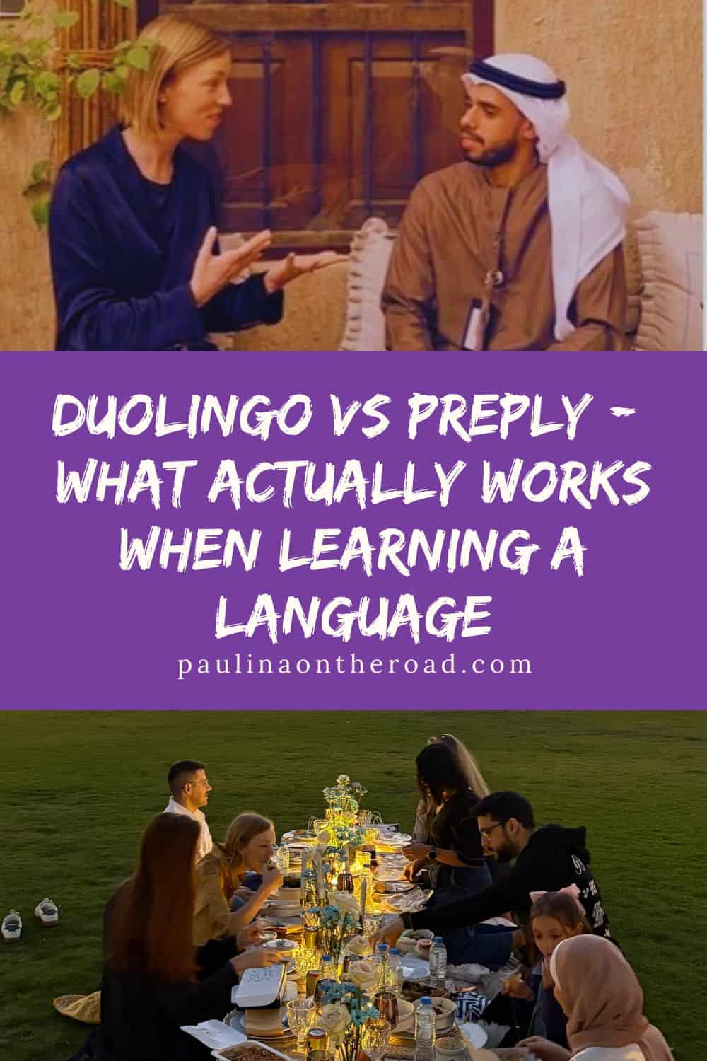 a woman talking to a muslim man in middle east; people on the grass easting with a view of dubai; duolingo vs preply