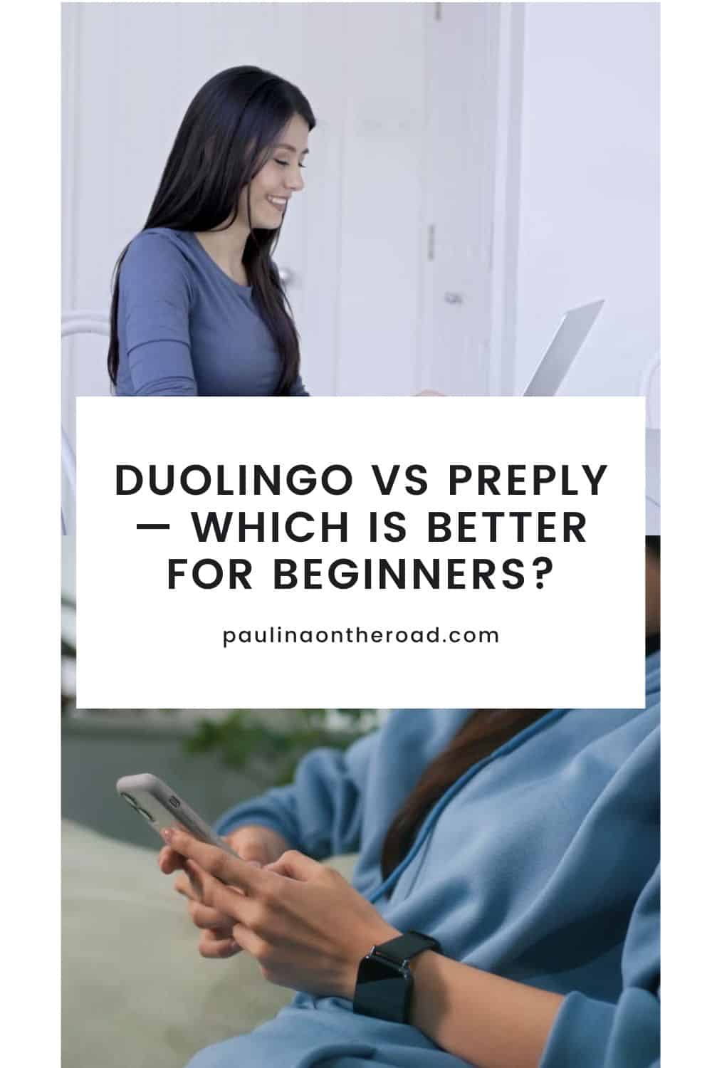 a woman smiling while looking at a laptop; a woman looking at her phone about to press something