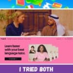 duolingo bird with flags of countries; a woman talking to a muslim man in middle east; screenshot of prepply frontpage