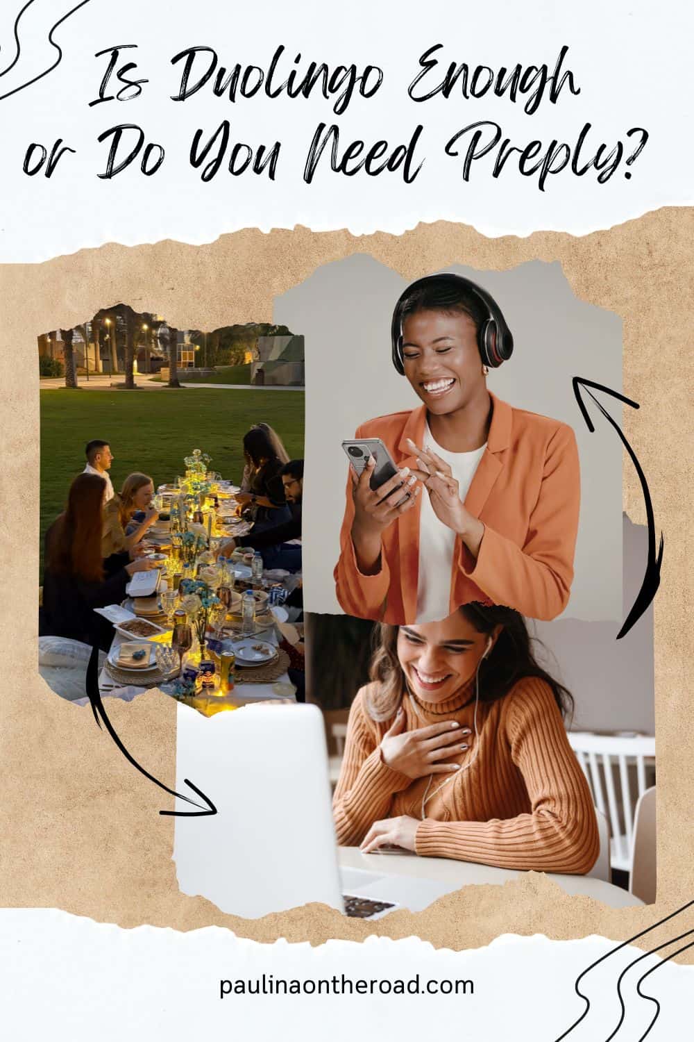 people on the grass easting with a view of dubai; a woman with a headphone pressing something on her phone; a woman smiling while looking at her laptop