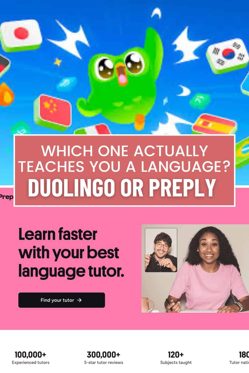 duolingo bird with flags of countries; screenshot of prepply frontpage