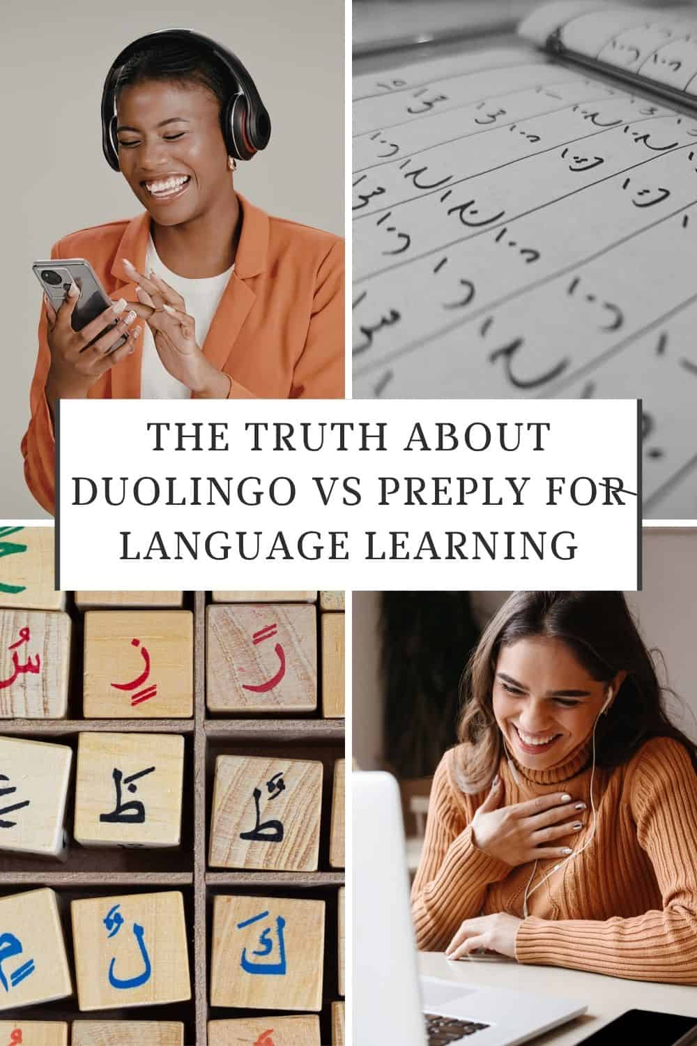 a woman with a headphone pressing something on her phone; a woman smiling while looking at her laptop; arabic letters on the notebook and blocks