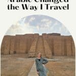 a woman wearing a dress behind is the Great Ziggurat of Ur, a massive step pyramid located near Nasiriyah in present-day Iraq