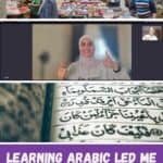 a market place in Iraq with a stall full of items; a woman in hijab with her two thumbs up in a screen with a woman who is learning Arabic; a notebook with arabic writing