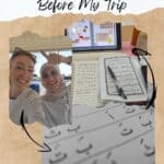 a selfie of a woman with a scarf on her shoulders and a woman in a hijab; a notebook with arabic notes and a pad; arabic writing