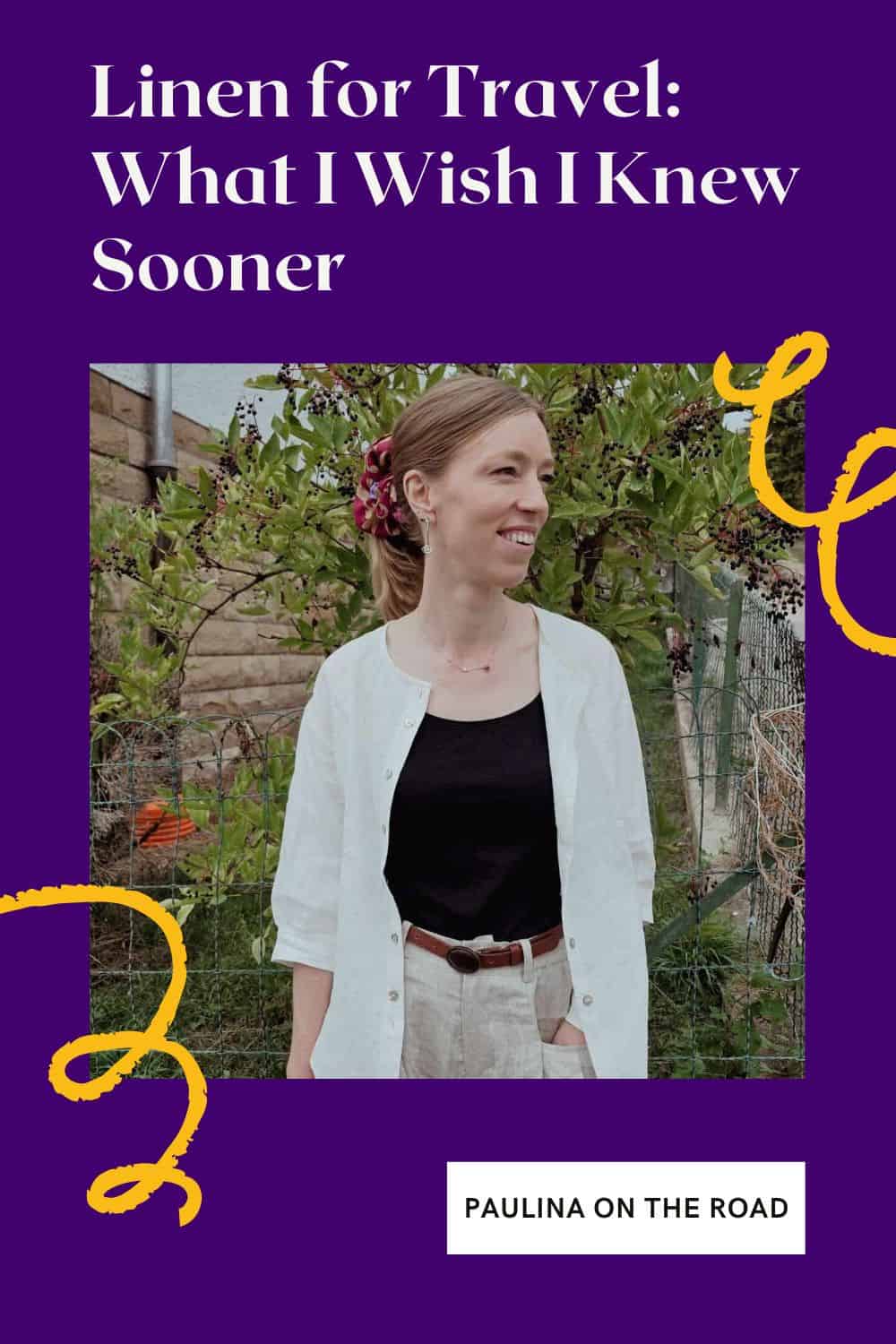 Why I Switched to Linen for Travel Lintico Discovery | Paulina | Woman wearing a black shirt, white top, and linen pants with a garden at the background