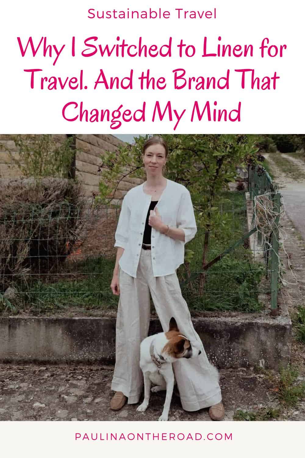 Woman wearing a black shirt, white top, and linen pants with a dog near a garden at the background