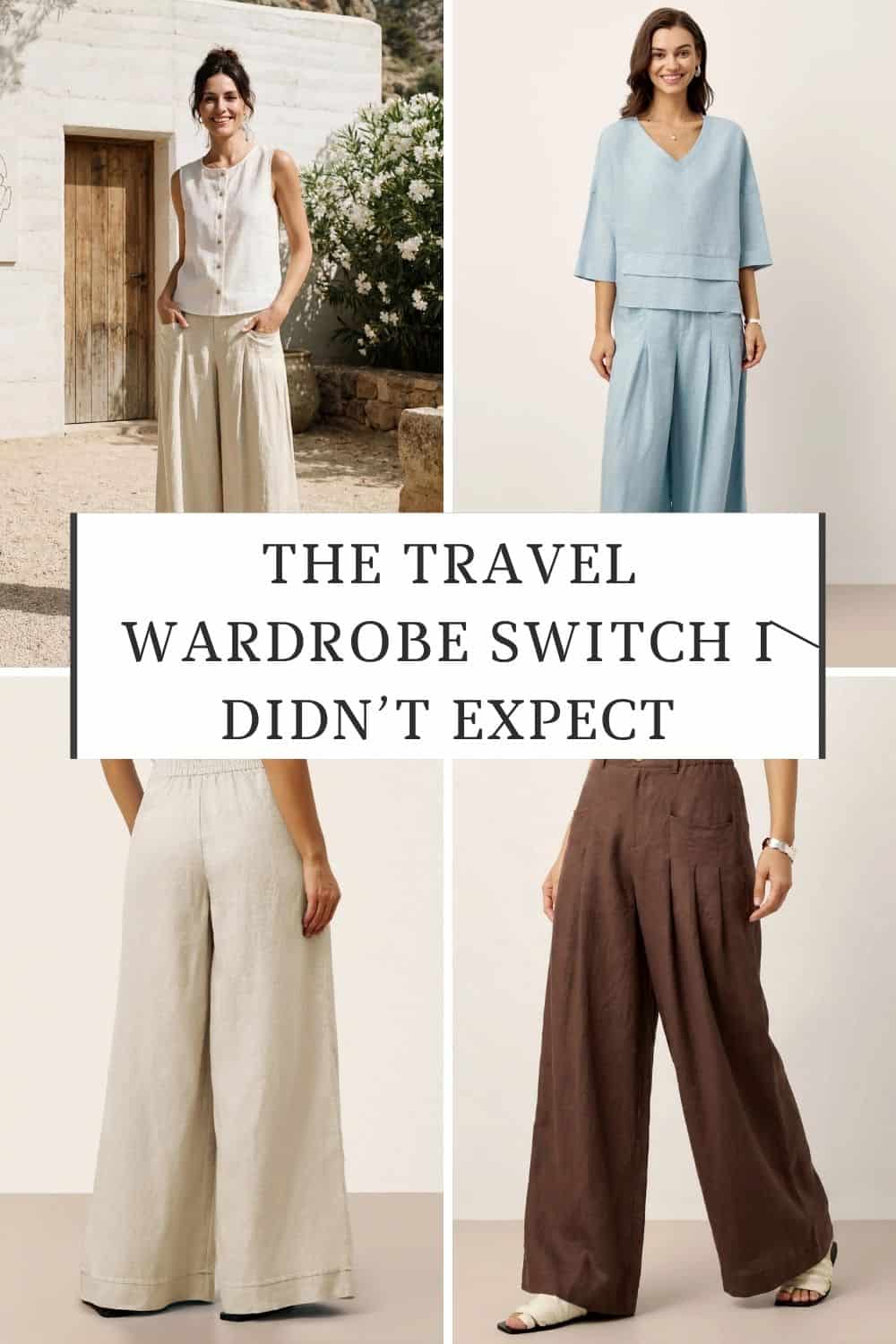 woman in a blouse and khaki pants; woman in a blue top and blue pants; closeup of brown pants; closeup of khaki pants